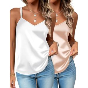 Zeagoo Silk Camisole Tops for Women 2026 V Neck Satin Tank Top Spaghetti Strap Cross Back Sleeveless Summer Blouses(2 Pack: Champagne+white)