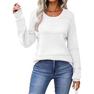 Zeagoo Sweaters for Women Long Sleeve Tops Soft Knit Crew Neck Pullover Sweater Lightweight Crochet 2026 Fall Outfits(White)