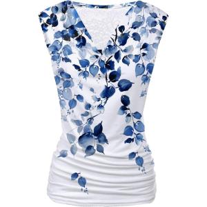 Zeagoo Tank Top for Women Trendy Going Out Tops Sleeveless Shirts Ruched Business Casual Basic Tunic Tops(Blue Leaf)