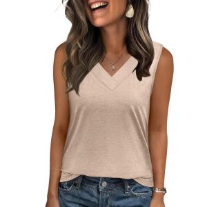 Zeagoo Tank Top for Women V Neck Loose Fit Sleeveless Summer Tops Business Casual Outfits Dressy Blouses Shirts(A – Khaki)