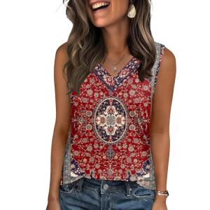 Zeagoo Tank Top for Women V Neck Loose Fit Sleeveless Summer Tops Business Casual Outfits Dressy Blouses Shirts(Floral Red 870)