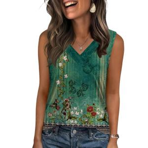 Zeagoo Tank Top for Women V Neck Loose Fit Sleeveless Summer Tops Business Casual Outfits Dressy Blouses Shirts(Green Flowers-mz839)