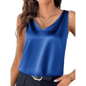 Zeagoo Women 2026 Silk Satin Tank Top Casual V Neck Camisole Blouses Loose Sleeveless Cami Basic Tank Shirt(Blue)