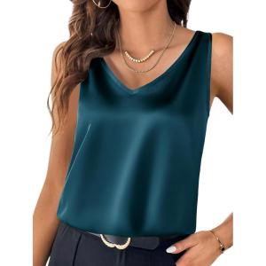Zeagoo Women 2026 Silk Satin Tank Top Casual V Neck Camisole Blouses Loose Sleeveless Cami Basic Tank Shirt(Blue Green)