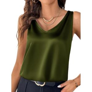 Zeagoo Women 2026 Silk Satin Tank Top Casual V Neck Camisole Blouses Loose Sleeveless Cami Basic Tank Shirt(C-army Green)