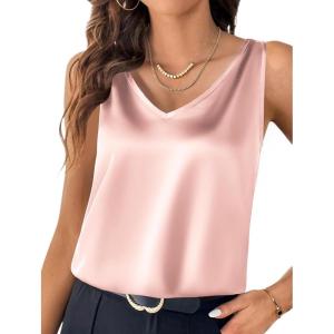Zeagoo Women 2026 Silk Satin Tank Top Casual V Neck Camisole Blouses Loose Sleeveless Cami Basic Tank Shirt(Dark Pink)