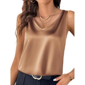 Zeagoo Women 2026 Silk Satin Tank Top Casual V Neck Camisole Blouses Loose Sleeveless Cami Basic Tank Shirt(Khaki)