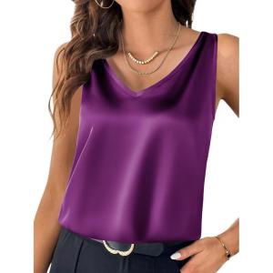 Zeagoo Women 2026 Silk Satin Tank Top Casual V Neck Camisole Blouses Loose Sleeveless Cami Basic Tank Shirt(Purple)