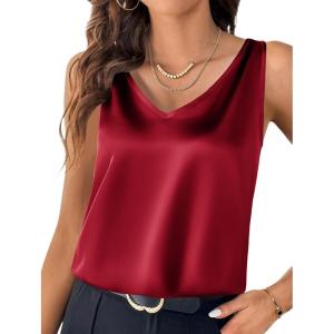 Zeagoo Women 2026 Silk Satin Tank Top Casual V Neck Camisole Blouses Loose Sleeveless Cami Basic Tank Shirt(Wine Red)