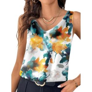 Zeagoo Women 2026 Silk Satin Tank Top Casual V Neck Camisole Blouses Loose Sleeveless Cami Basic Tank Shirt(Z-tie Dye Flower)