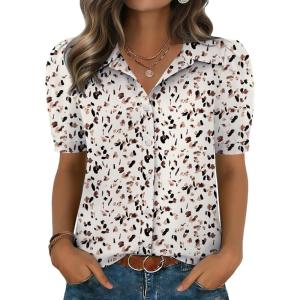 Zeagoo Women Button Down Shirts Puff Short Sleeve Blouses Chiffon Tops Business Casual Outfits Summer Clothes(Apricot-an443)