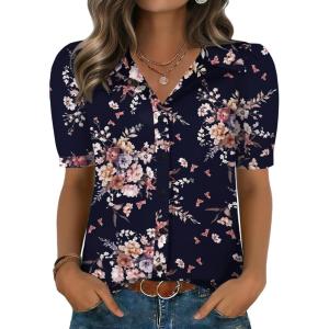 Zeagoo Women Button Down Shirts Puff Short Sleeve Blouses Chiffon Tops Business Casual Outfits Summer Clothes(Black Pink Flowers-bf332)