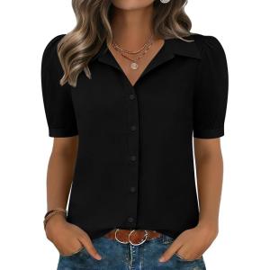 Zeagoo Women Button Down Shirts Puff Short Sleeve Blouses Chiffon Tops Business Casual Outfits Summer Clothes(Black-b)