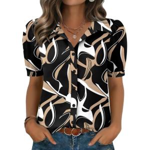 Zeagoo Women Button Down Shirts Puff Short Sleeve Blouses Chiffon Tops Business Casual Outfits Summer Clothes(Black-cx312)