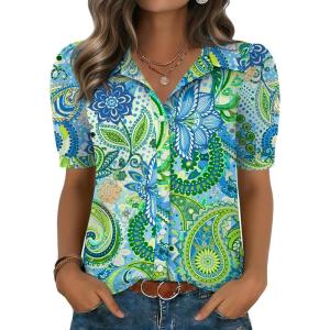 Zeagoo Women Button Down Shirts Puff Short Sleeve Blouses Chiffon Tops Business Casual Outfits Summer Clothes(Blue Boho-yg2)