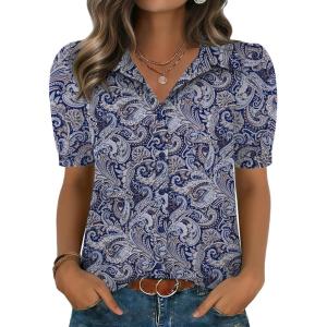 Zeagoo Women Button Down Shirts Puff Short Sleeve Blouses Chiffon Tops Business Casual Outfits Summer Clothes(Bohemia-mz473)