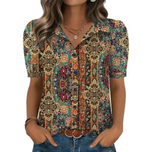 Zeagoo Women Button Down Shirts Puff Short Sleeve Blouses Chiffon Tops Business Casual Outfits Summer Clothes(Boho-mz721)