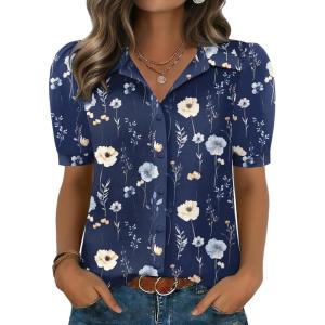 Zeagoo Women Button Down Shirts Puff Short Sleeve Blouses Chiffon Tops Business Casual Outfits Summer Clothes(Navy Flowers-bf318)