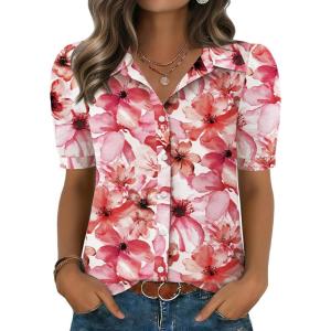 Zeagoo Women Button Down Shirts Puff Short Sleeve Blouses Chiffon Tops Business Casual Outfits Summer Clothes(Pink Flowers-wf97)