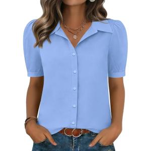 Zeagoo Women Button Down Shirts Puff Short Sleeve Blouses Chiffon Tops Business Casual Outfits Summer Clothes(Sky Blue-clb)