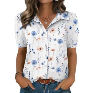 Zeagoo Women Button Down Shirts Puff Short Sleeve Blouses Chiffon Tops Business Casual Outfits Summer Clothes(White Flowers-bf290)