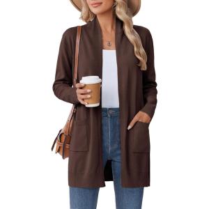 Zeagoo Women Long Cardigan Sweaters Lightweight Open Front Duster Knit Fashion Sweater Coats Trendy Cardigans with Pocket(Brown)