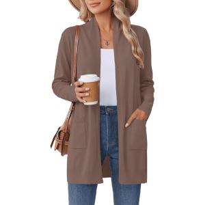 Zeagoo Women Long Cardigan Sweaters Lightweight Open Front Duster Knit Fashion Sweater Coats Trendy Cardigans with Pocket(Dark Khaki)