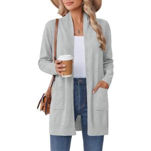 Zeagoo Women Long Cardigan Sweaters Lightweight Open Front Duster Knit Fashion Sweater Coats Trendy Cardigans with Pocket(Light Grey)