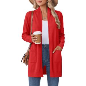 Zeagoo Women Long Cardigan Sweaters Lightweight Open Front Duster Knit Fashion Sweater Coats Trendy Cardigans with Pocket(Red)