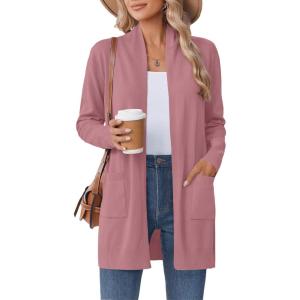 Zeagoo Women Long Cardigan Sweaters Lightweight Open Front Duster Knit Fashion Sweater Coats Trendy Cardigans with Pocket(Red Bean Paste)