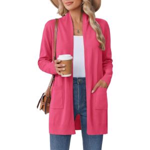 Zeagoo Women Long Cardigan Sweaters Lightweight Open Front Duster Knit Fashion Sweater Coats Trendy Cardigans with Pocket(Rose)