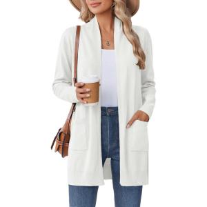 Zeagoo Women Long Cardigan Sweaters Lightweight Open Front Duster Knit Fashion Sweater Coats Trendy Cardigans with Pocket(White)