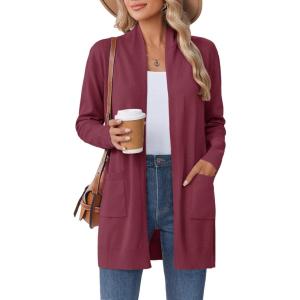Zeagoo Women Long Cardigan Sweaters Lightweight Open Front Duster Knit Fashion Sweater Coats Trendy Cardigans with Pocket(Wine Red)