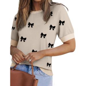 Zeagoo Women Short Sleeve Sweater Summer Crew Neck Dressy Casual Soft Knit Pullover Tops Trendy(1-bow Knot Black)