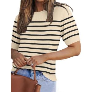 Zeagoo Women Short Sleeve Sweater Summer Crew Neck Dressy Casual Soft Knit Pullover Tops Trendy(Apricot-black)