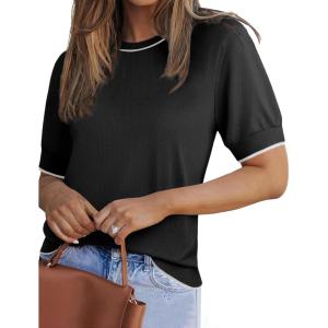 Zeagoo Women Short Sleeve Sweater Summer Crew Neck Dressy Casual Soft Knit Pullover Tops Trendy(Black)