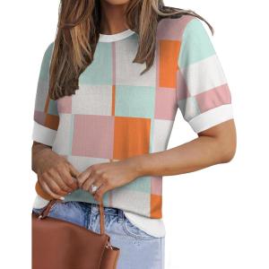 Zeagoo Women Short Sleeve Sweater Summer Crew Neck Dressy Casual Soft Knit Pullover Tops Trendy(Blue Pink Gw84)