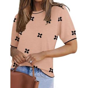 Zeagoo Women Short Sleeve Sweater Summer Crew Neck Dressy Casual Soft Knit Pullover Tops Trendy(Floral Jh618 Coral-white)