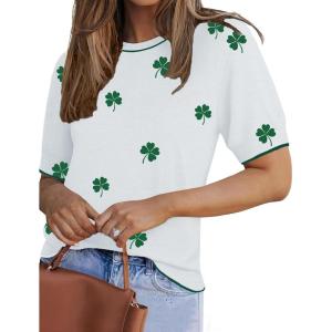 Zeagoo Women Short Sleeve Sweater Summer Crew Neck Dressy Casual Soft Knit Pullover Tops Trendy(Floral Sf324 Green-white)