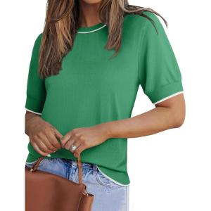 Zeagoo Women Short Sleeve Sweater Summer Crew Neck Dressy Casual Soft Knit Pullover Tops Trendy(Green)