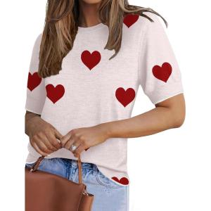 Zeagoo Women Short Sleeve Sweater Summer Crew Neck Dressy Casual Soft Knit Pullover Tops Trendy(Heart White-red)