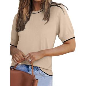 Zeagoo Women Short Sleeve Sweater Summer Crew Neck Dressy Casual Soft Knit Pullover Tops Trendy(Khaki)