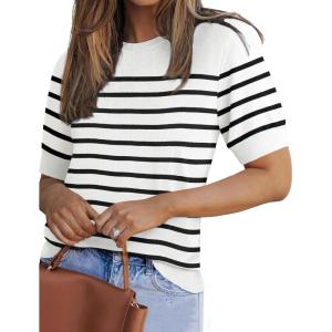 Zeagoo Women Short Sleeve Sweater Summer Crew Neck Dressy Casual Soft Knit Pullover Tops Trendy(White-black)