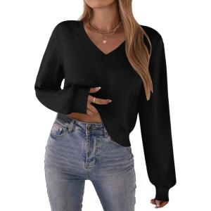 Zeagoo Women’s 2025 Fall V-Neck Cropped Sweater Trendy Long Latern Sleeve Ribbed Knit Pullover Crop Tops(Black)