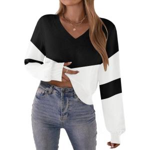 Zeagoo Women’s 2025 Fall V-Neck Cropped Sweater Trendy Long Latern Sleeve Ribbed Knit Pullover Crop Tops(Black White)