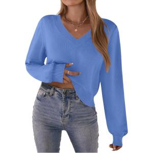 Zeagoo Women’s 2025 Fall V-Neck Cropped Sweater Trendy Long Latern Sleeve Ribbed Knit Pullover Crop Tops(Blue)