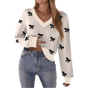 Zeagoo Women’s 2025 Fall V-Neck Cropped Sweater Trendy Long Latern Sleeve Ribbed Knit Pullover Crop Tops(Bowknot Beige)