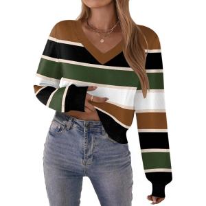 Zeagoo Women’s 2025 Fall V-Neck Cropped Sweater Trendy Long Latern Sleeve Ribbed Knit Pullover Crop Tops(Multi-brown)