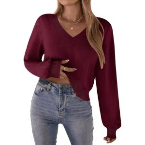 Zeagoo Women’s 2025 Fall V-Neck Cropped Sweater Trendy Long Latern Sleeve Ribbed Knit Pullover Crop Tops(Wine Red)