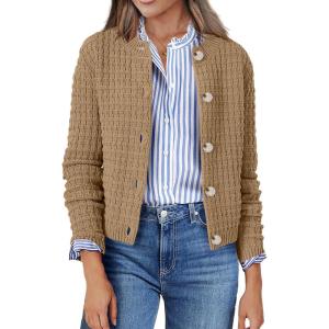 Zeagoo Women’s 2026 Cardigan Sweaters Button Down Crew Neck Open Front Long Sleeve Knit Cropped Jackets(A-khaki)